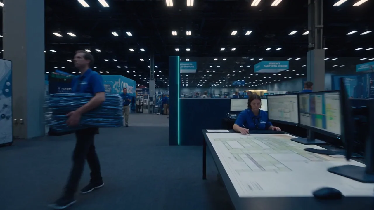 Event staffing coordinators managing schedules on a convention floor